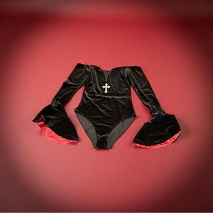 🖤 Blood Moon Velvet — Gothic Witch Bodysuit with Cross Charm